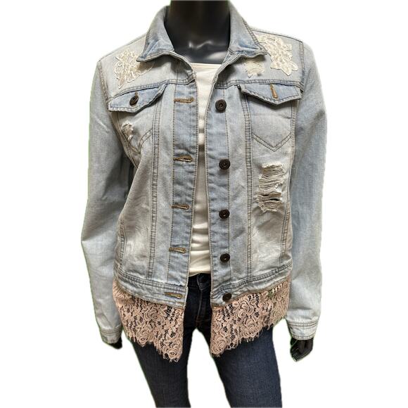 Upcycled Denim Jacket Pink Lace Hem & Back Panel Large - Picture 7 of 9